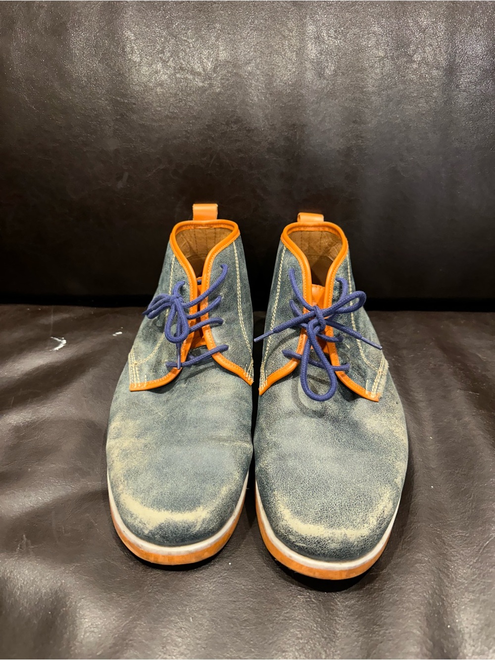 Heavily Distressed /worn Blue Leather Chukka Boots with Orange Trim EU42